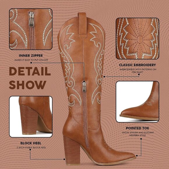 🆕Women Brown Knee High Pointed Toe Chunky High Heels Pull-on Embroidered Boots - Picture 2 of 7